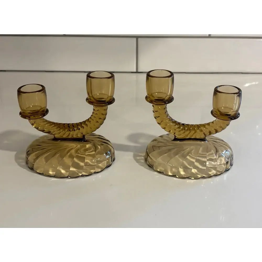 Pair of Vintage Brown Glass Candle Holders